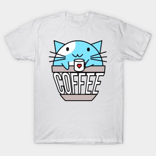 Cat in coffee cup with warped text holding coffee cup with heart blue and white T-Shirt